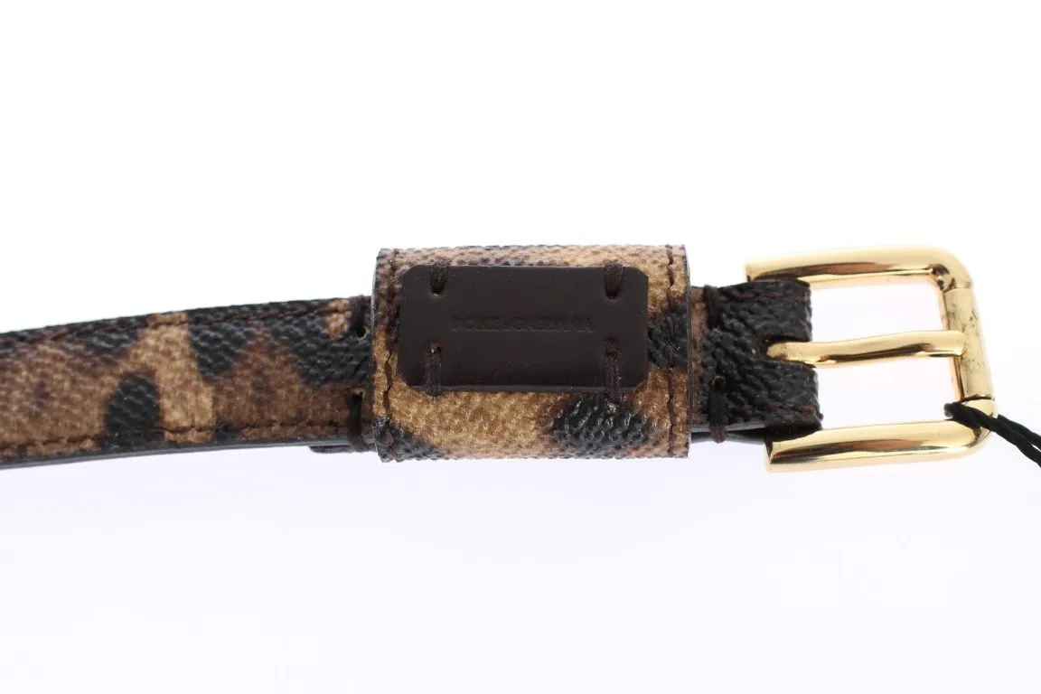 Brown Leopard Leather Gold Buckle Logo Belt