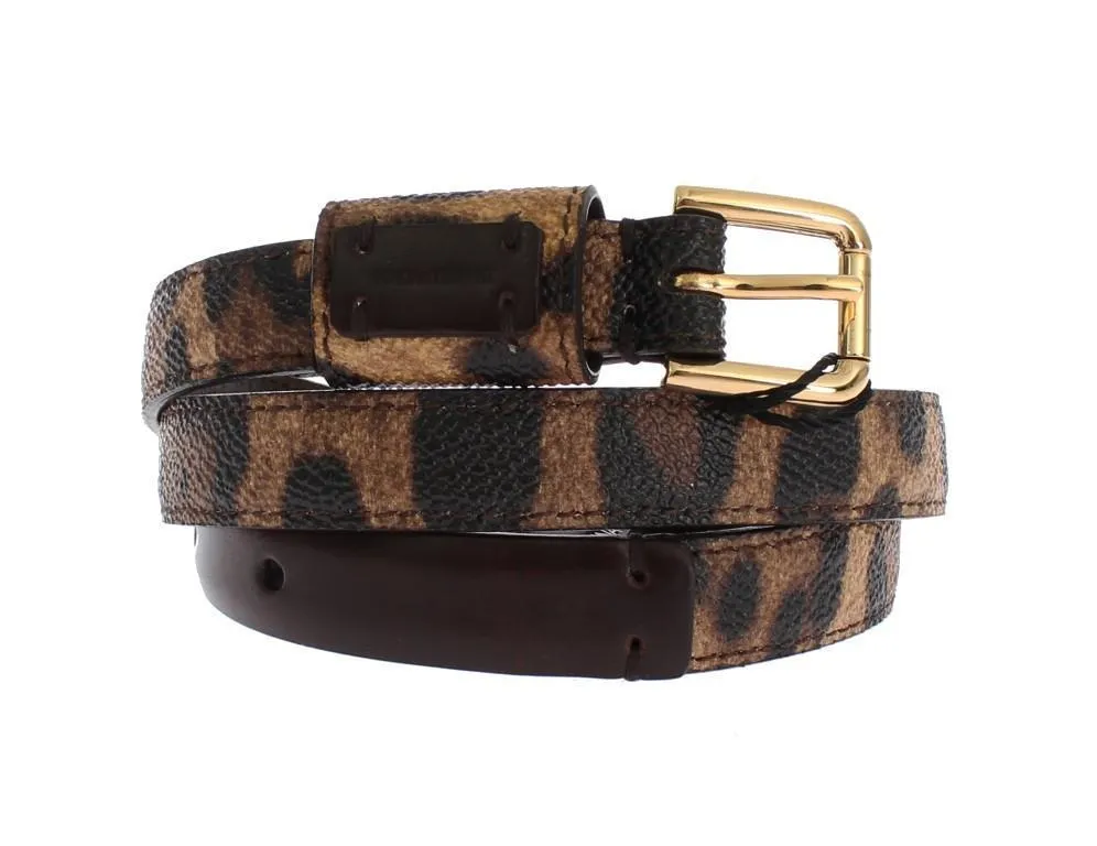 Brown Leopard Leather Gold Buckle Logo Belt