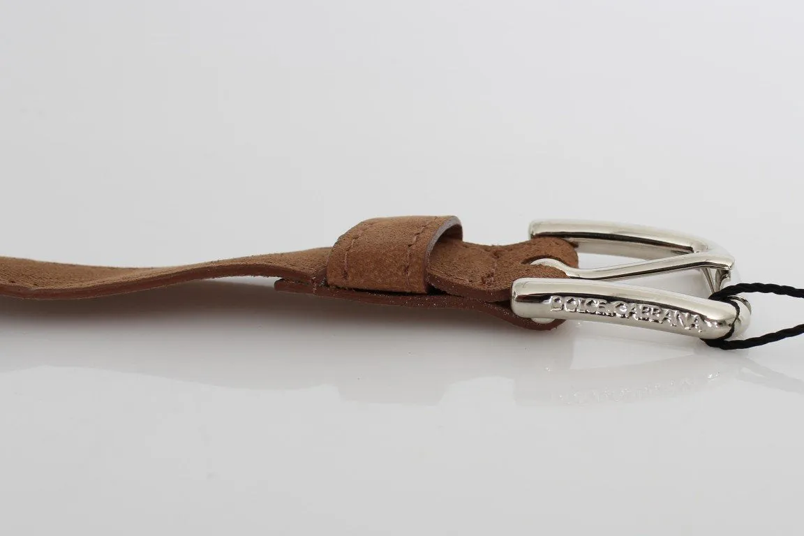 Brown Suede Silver Buckle Logo Wide Belt