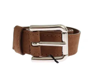 Brown Suede Silver Buckle Logo Wide Belt