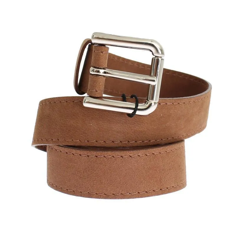 Brown Suede Silver Buckle Logo Wide Belt