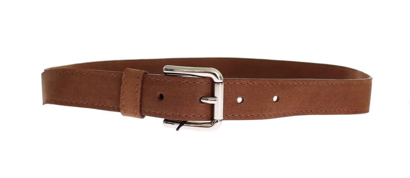 Brown Suede Silver Buckle Logo Wide Belt