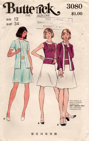 Butterick 3080 Womens EASY Stretch Dress & Cardigan 1970s Vintage Sewing Pattern Size 12 Bust 34 inches