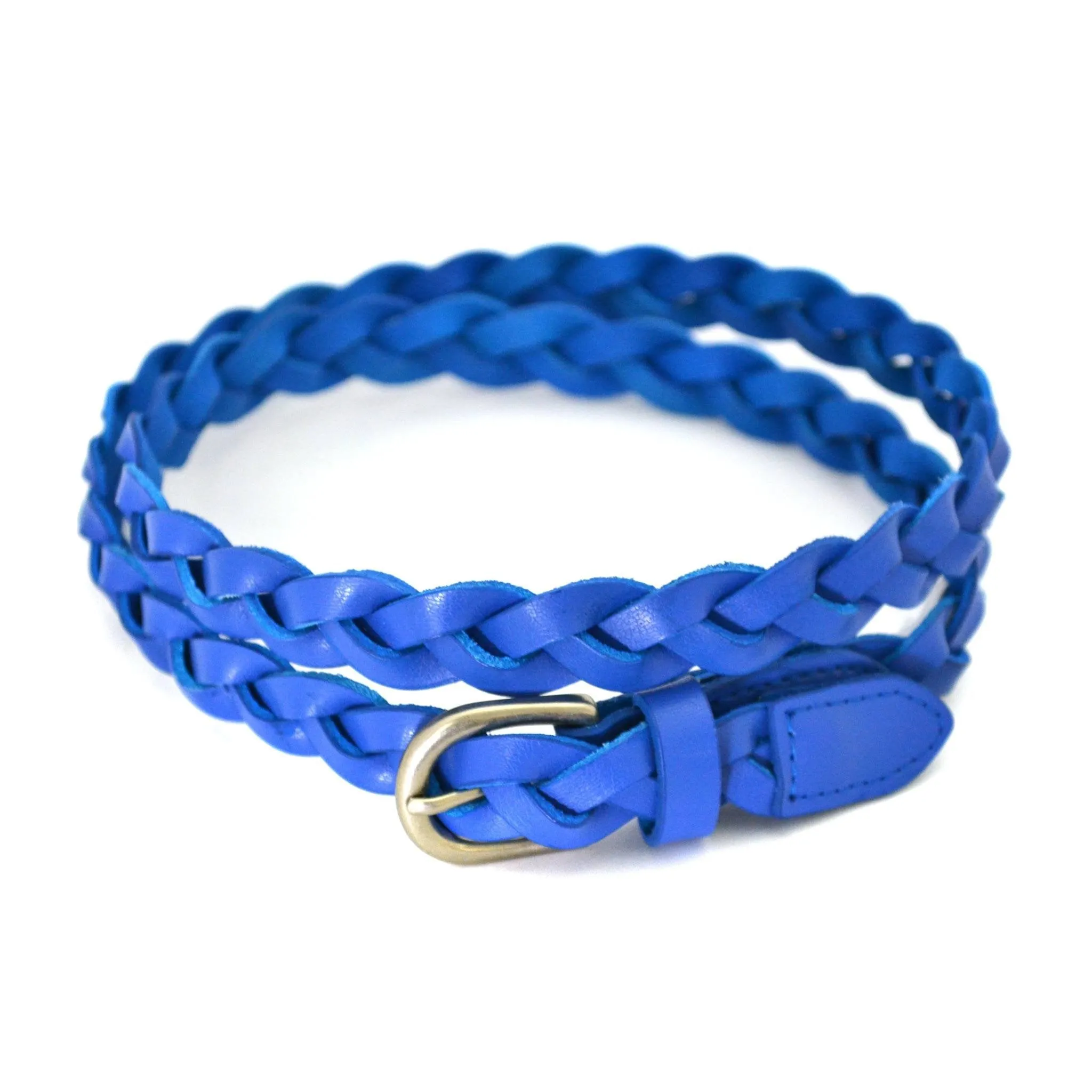 CAROL - Womens Cobalt Blue Genuine Leather Skinny Plaited Belt