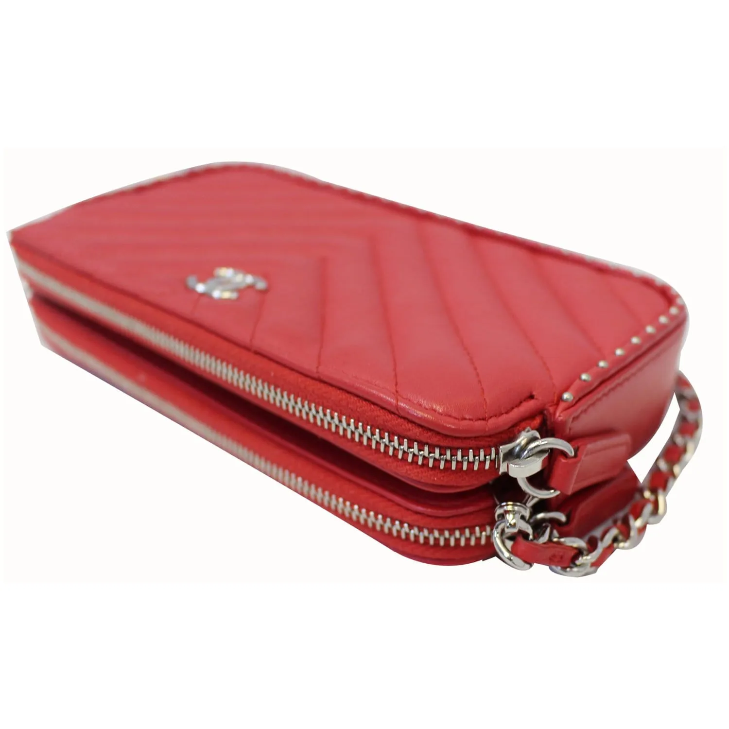 CHANEL Chevron Studded with Chain Lambskin Leather Shoulder Crossbody Bag Red