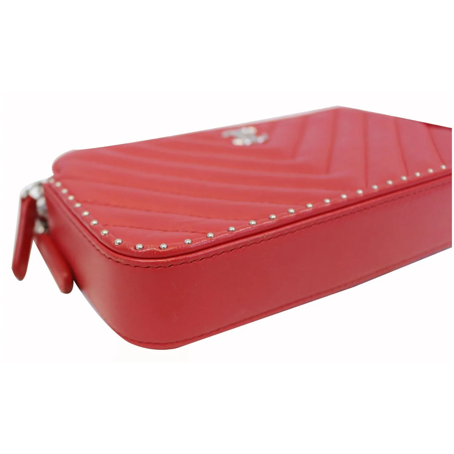CHANEL Chevron Studded with Chain Lambskin Leather Shoulder Crossbody Bag Red