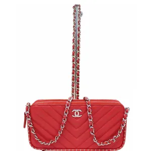CHANEL Chevron Studded with Chain Lambskin Leather Shoulder Crossbody Bag Red