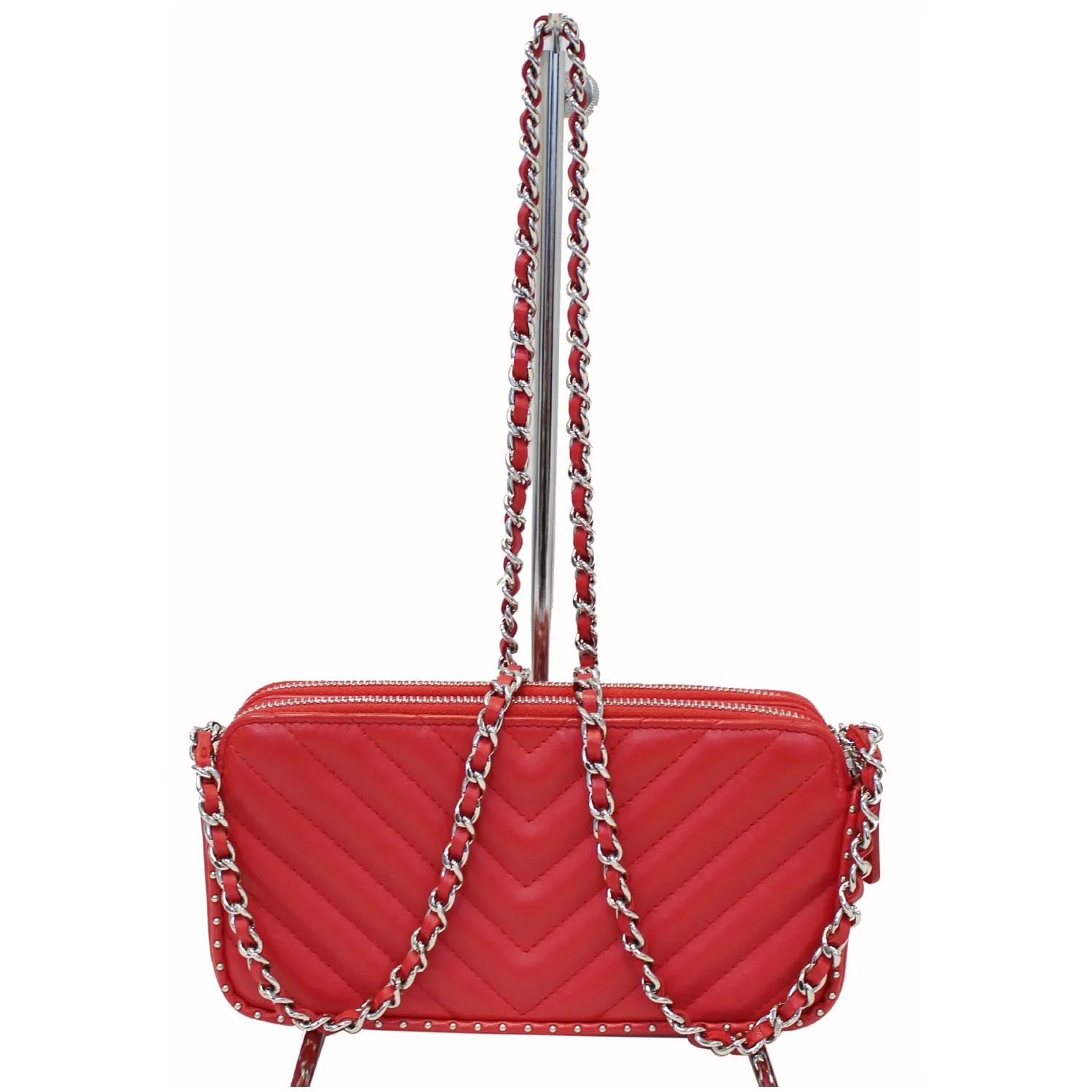 CHANEL Chevron Studded with Chain Lambskin Leather Shoulder Crossbody Bag Red