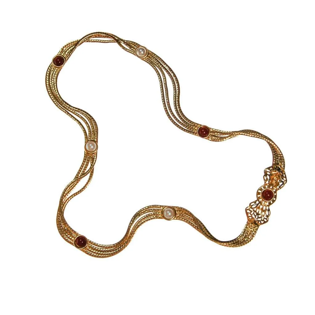 Christian Dior Gold Chain Belt with Carnelian and Pearl Cabochons