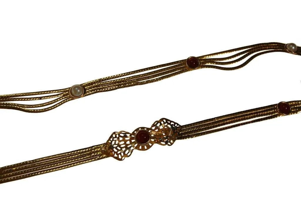 Christian Dior Gold Chain Belt with Carnelian and Pearl Cabochons