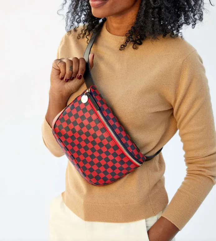 Clare V. Fanny Pack Cherry Red Chantal W/Navy Checkers