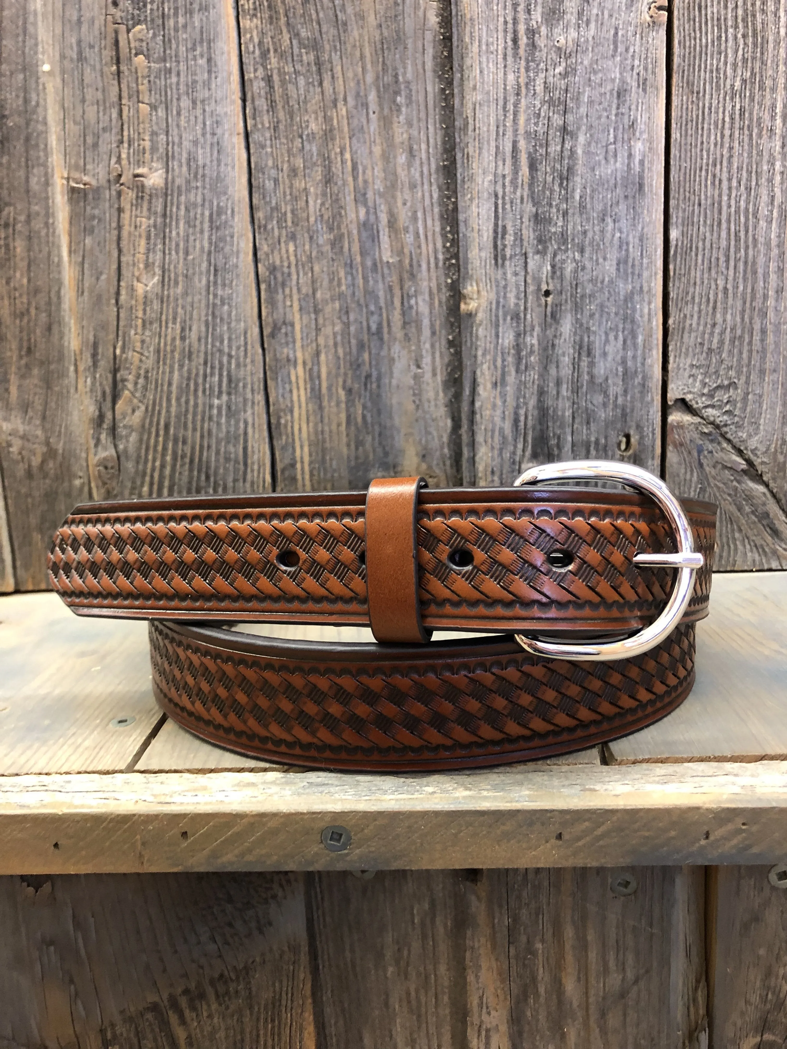 CLN2610402-42-Brown Belt 1 1/2" Basket Stamp - Hired Hand