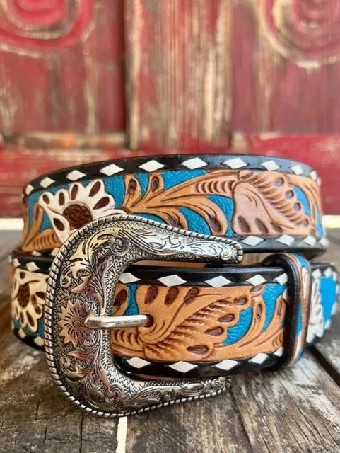 CLN320000888-S Belt Ladies Floral Inlay White & Blue
