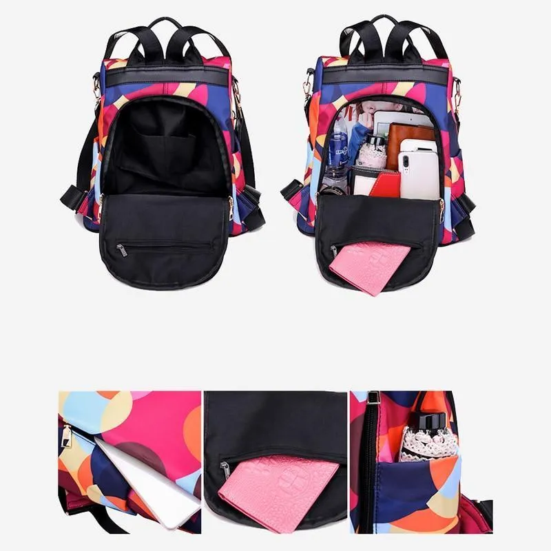 Colorful Print Nylon Oxford Anti Theft Travel Backpack Purse Handbag - 2 patterns