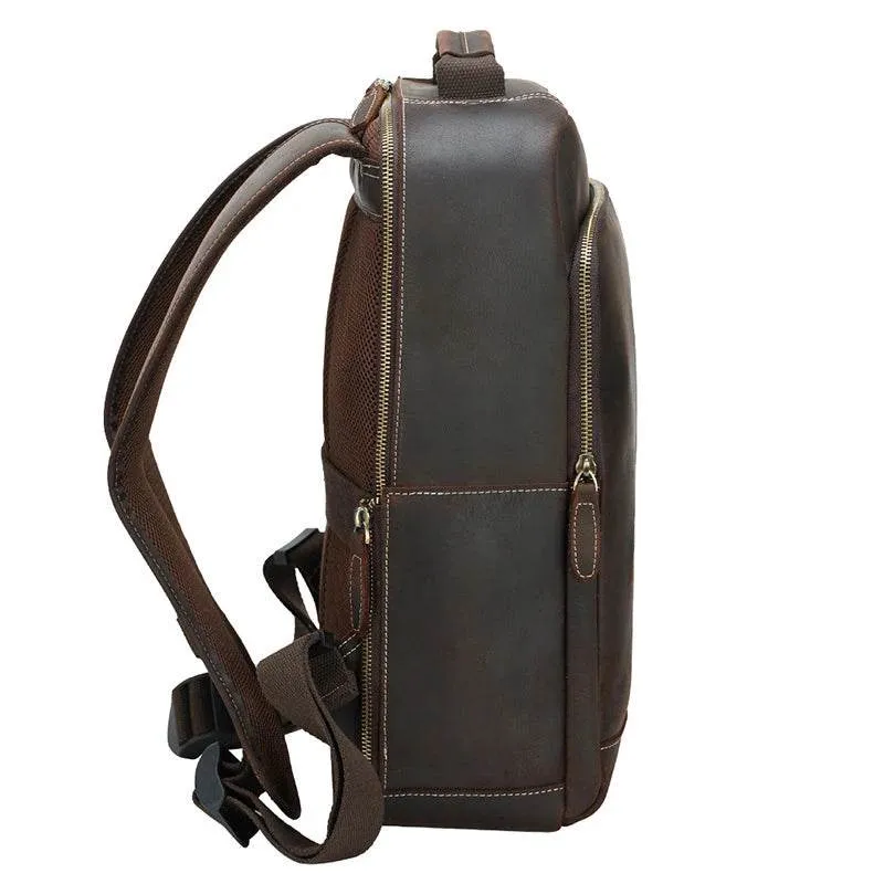 Crazy Horse Leather Laptop Backpack for Men Business School