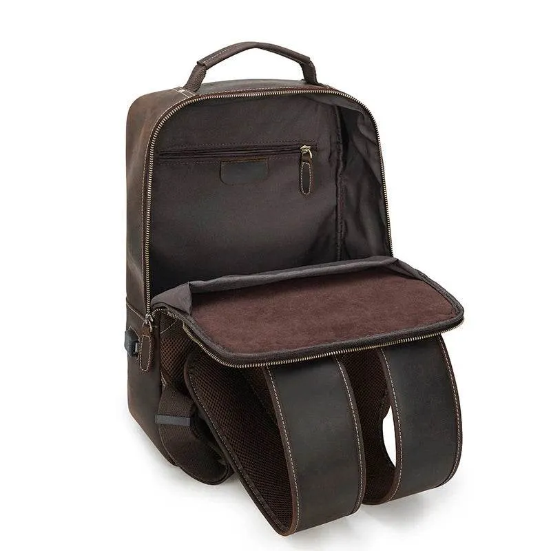 Crazy Horse Leather Laptop Backpack for Men Business School