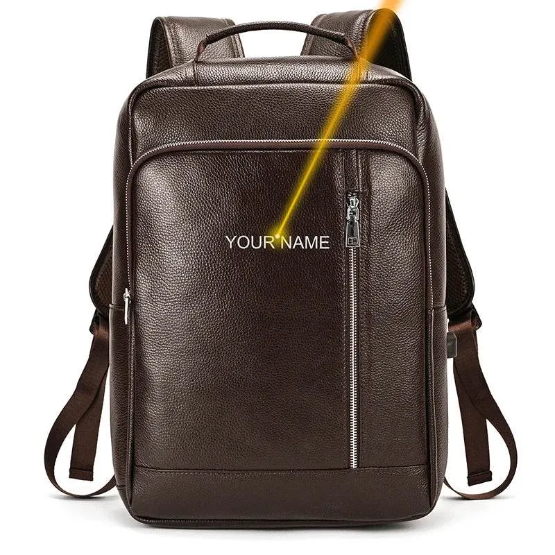 Crazy Horse Leather Laptop Backpack for Men Business School