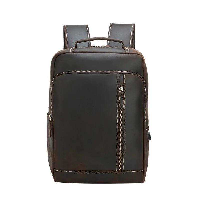 Crazy Horse Leather Laptop Backpack for Men Business School