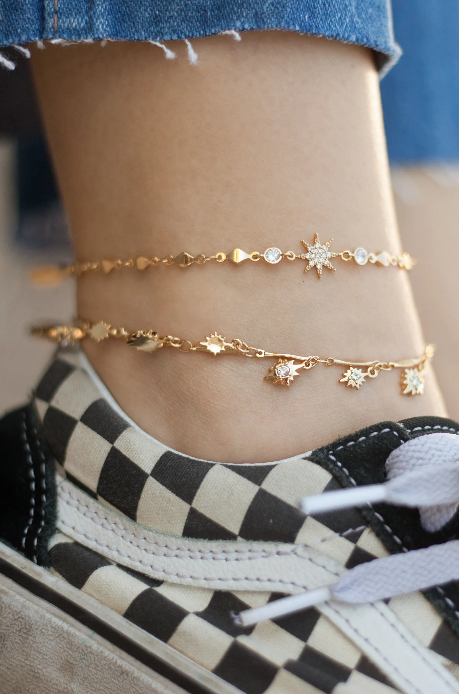 Crystal Starburst 18k Gold Plated Anklet Set of 2