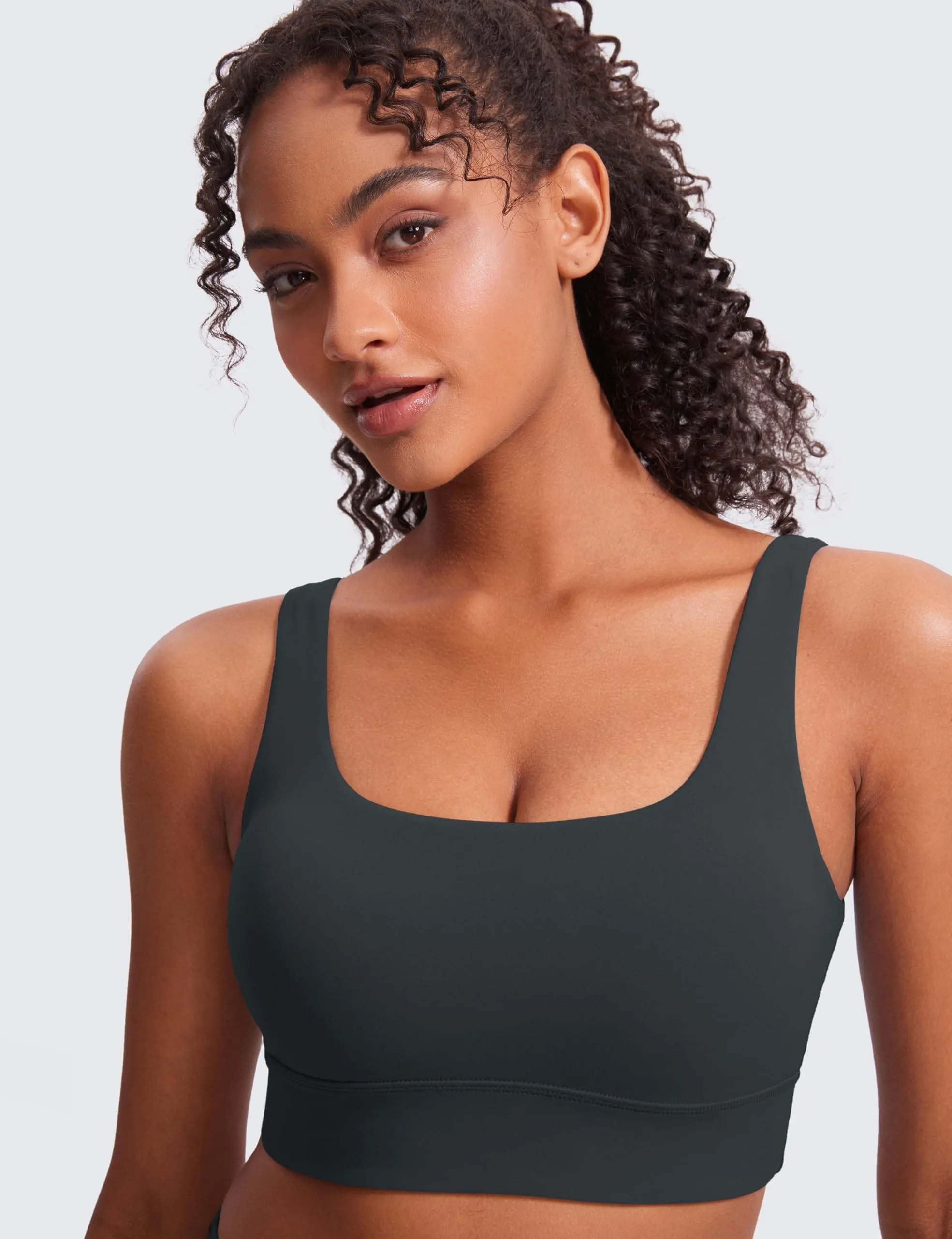 CRZ YOGA Butterluxe Womens U Back Sports Bra - Scoop Neck Padded Low Impact Yoga Clothes Workout Crop Top with Built in Pads Melanite