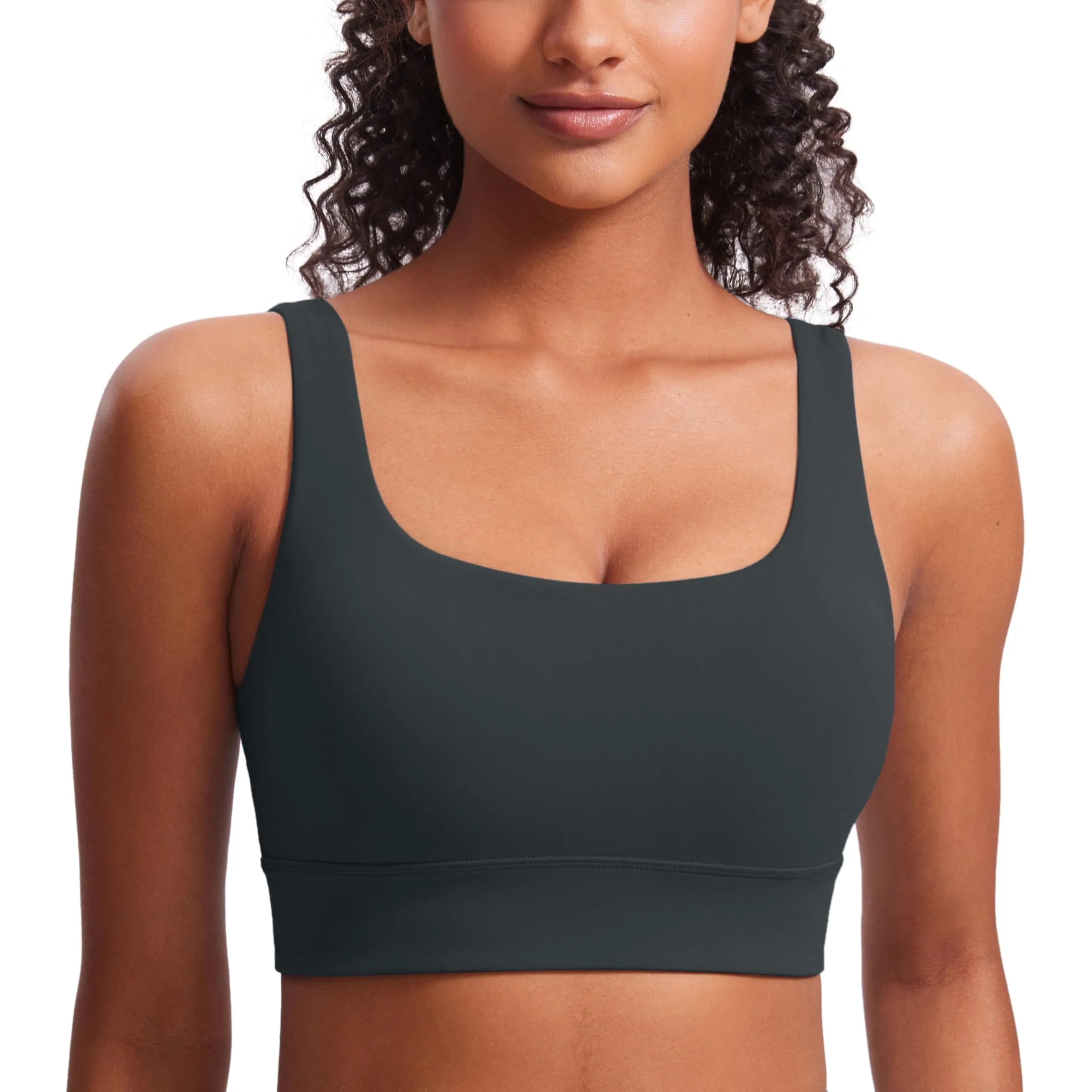 CRZ YOGA Butterluxe Womens U Back Sports Bra - Scoop Neck Padded Low Impact Yoga Clothes Workout Crop Top with Built in Pads Melanite
