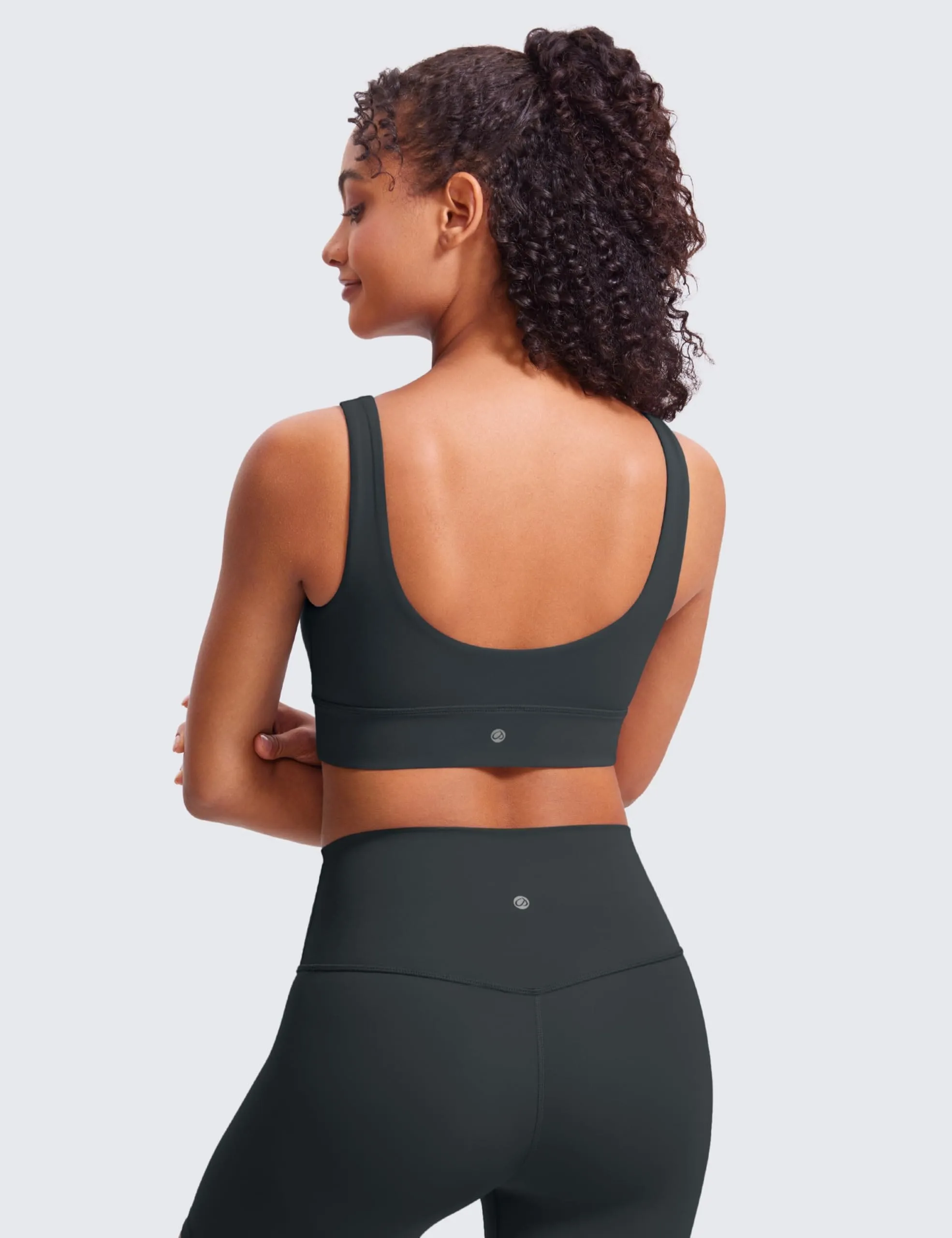 CRZ YOGA Butterluxe Womens U Back Sports Bra - Scoop Neck Padded Low Impact Yoga Clothes Workout Crop Top with Built in Pads Melanite
