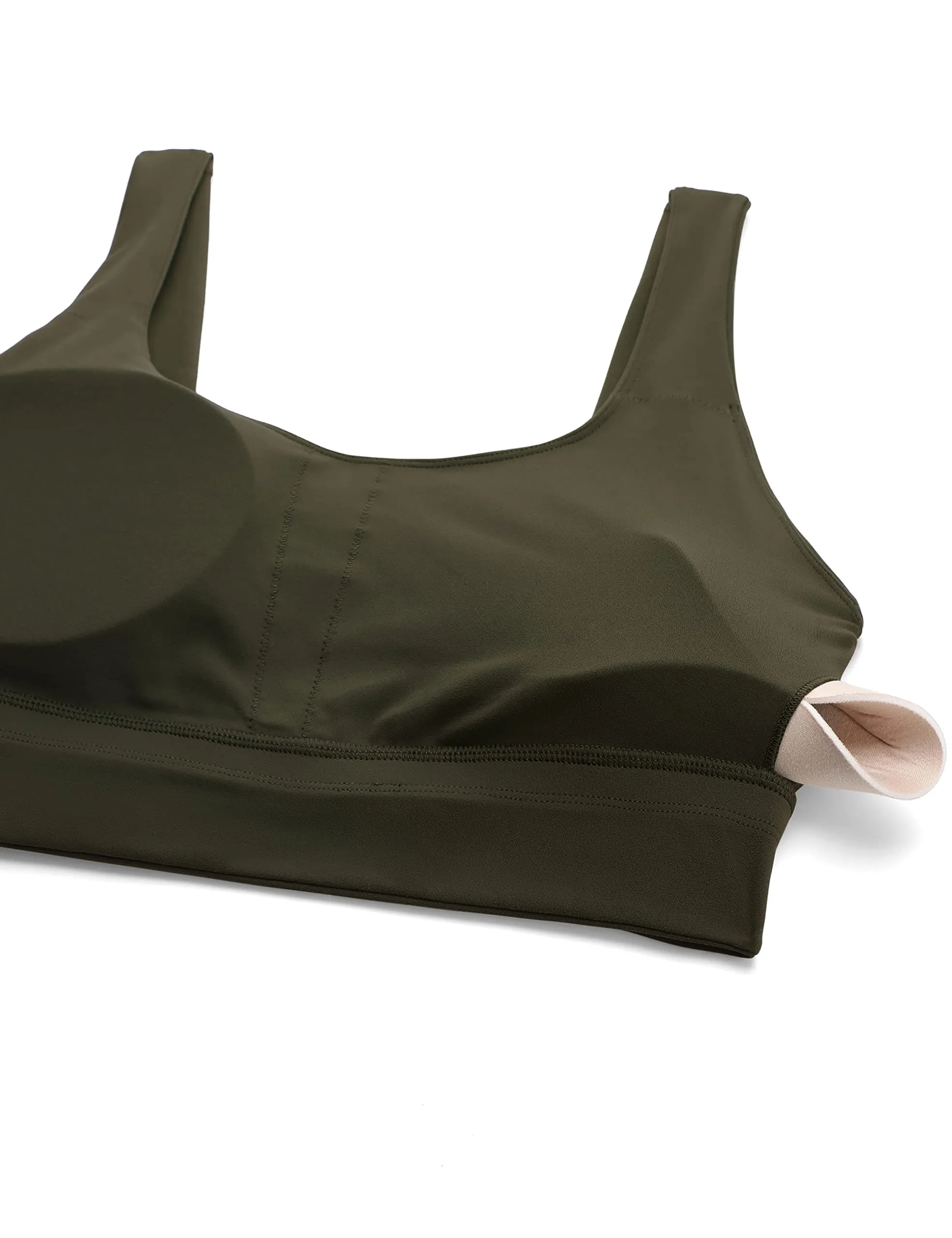 CRZ YOGA Butterluxe Womens U Back Sports Bra - Scoop Neck Padded Low Impact Yoga Clothes Workout Crop Top with Built in Pads Olive Green