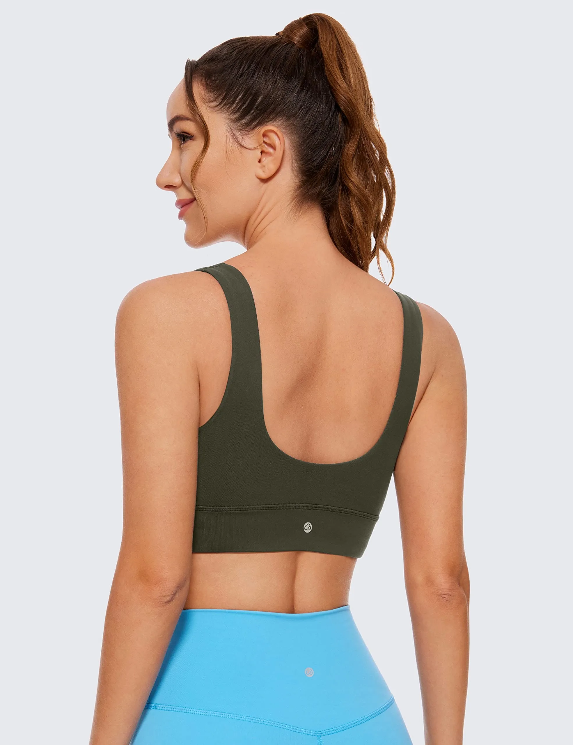 CRZ YOGA Butterluxe Womens U Back Sports Bra - Scoop Neck Padded Low Impact Yoga Clothes Workout Crop Top with Built in Pads Olive Green