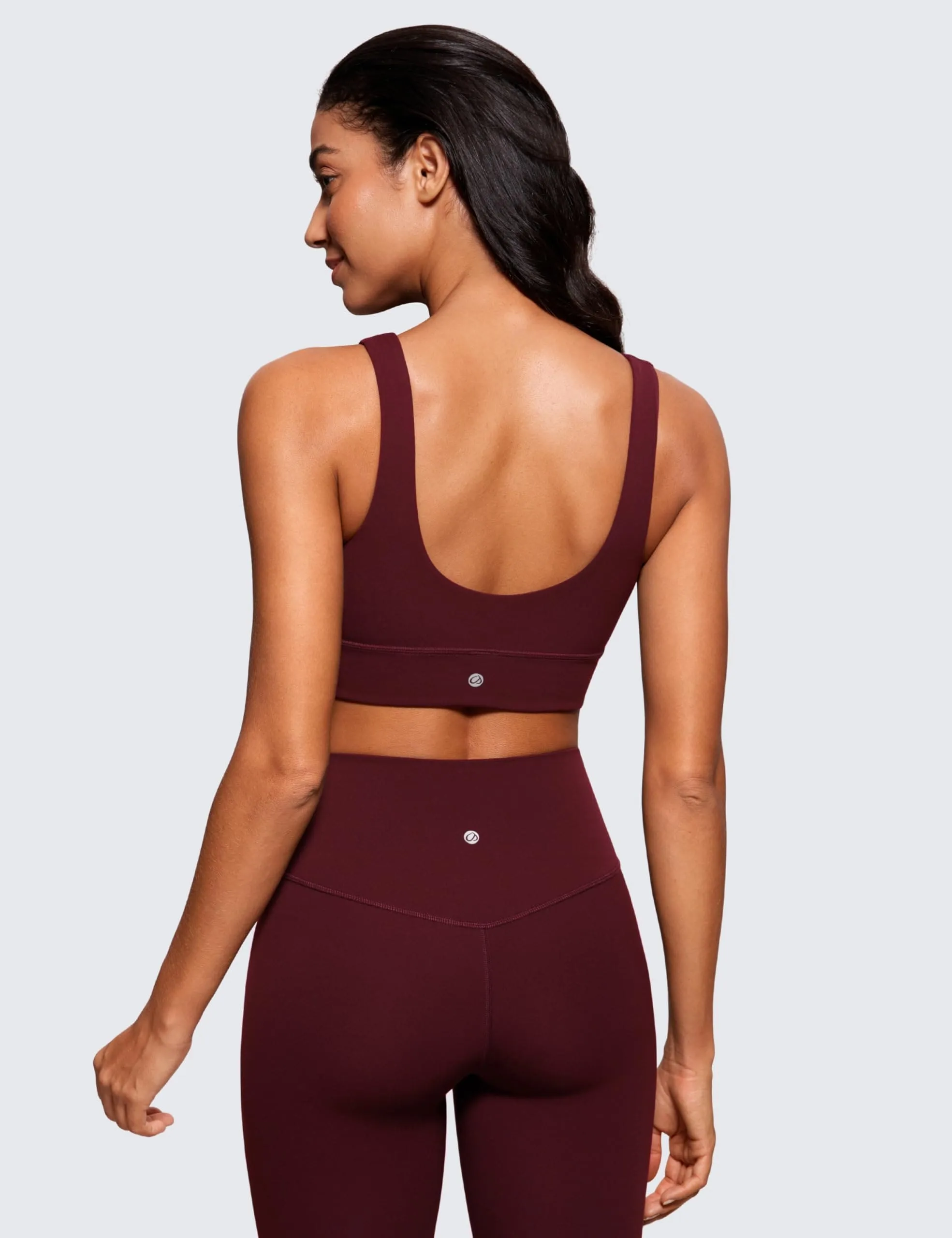 CRZ YOGA Butterluxe Womens U Back Sports Bra - Scoop Neck Padded Low Impact Yoga Clothes Workout Crop Top with Built in Pads Red Merlot