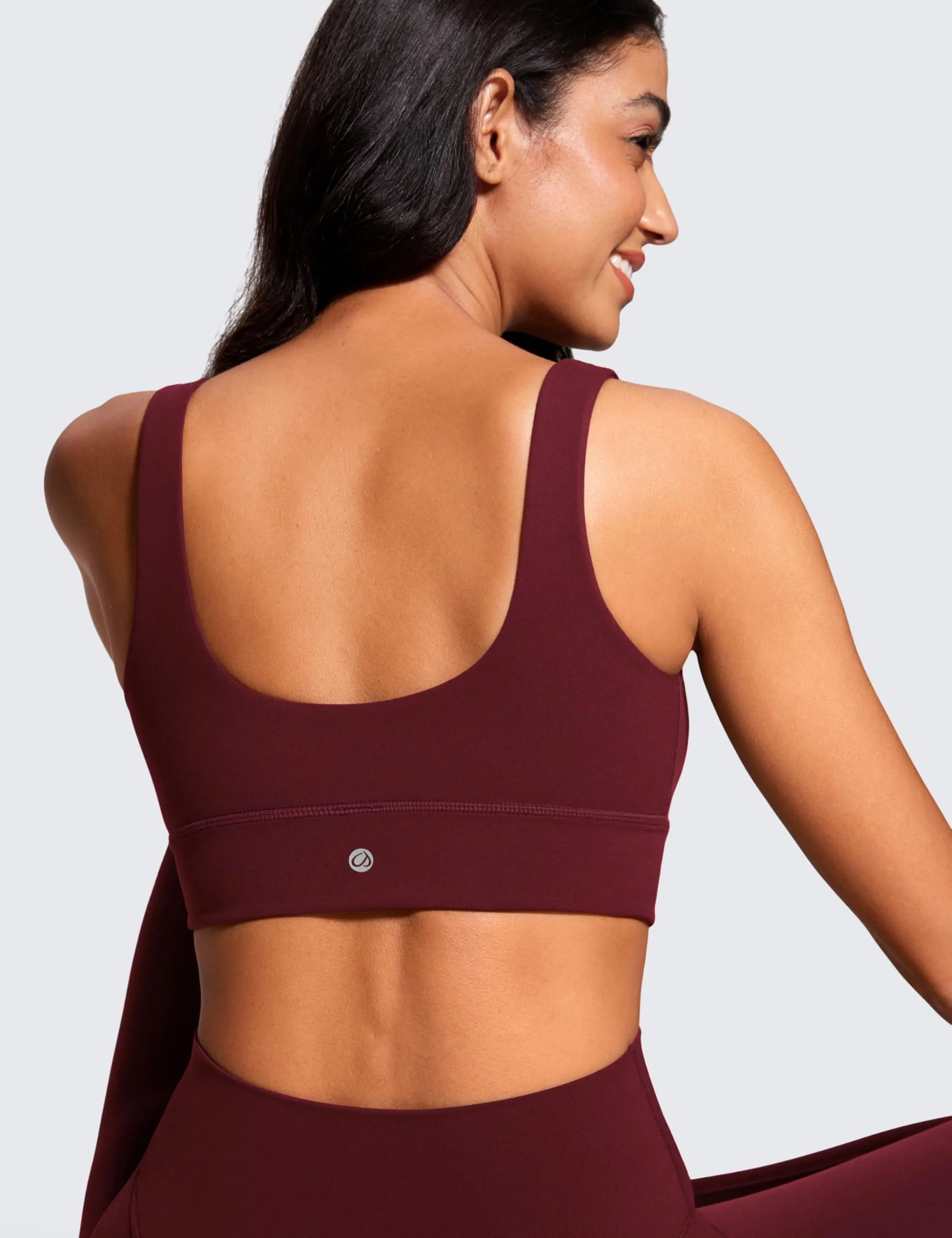 CRZ YOGA Butterluxe Womens U Back Sports Bra - Scoop Neck Padded Low Impact Yoga Clothes Workout Crop Top with Built in Pads Red Merlot