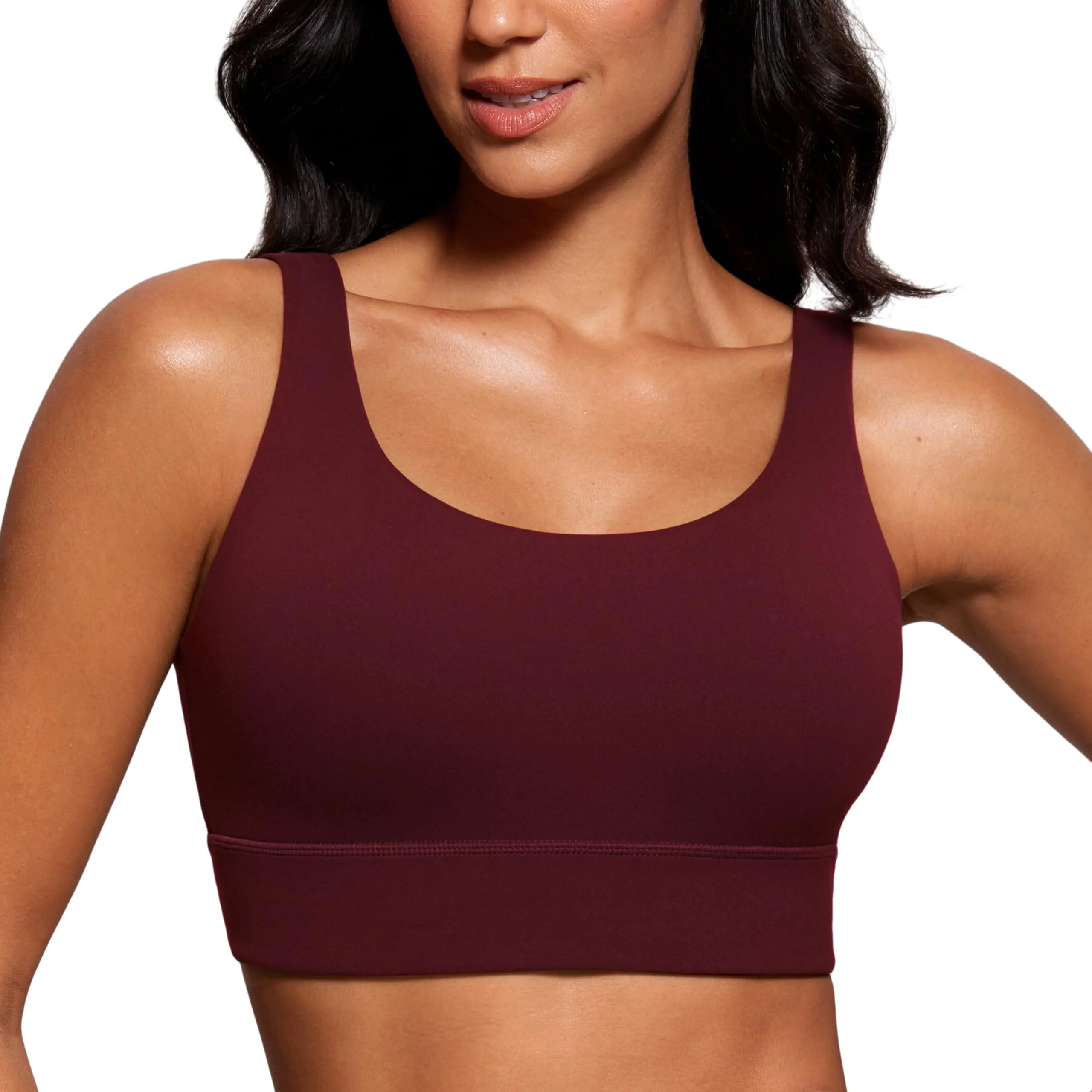 CRZ YOGA Butterluxe Womens U Back Sports Bra - Scoop Neck Padded Low Impact Yoga Clothes Workout Crop Top with Built in Pads Red Merlot