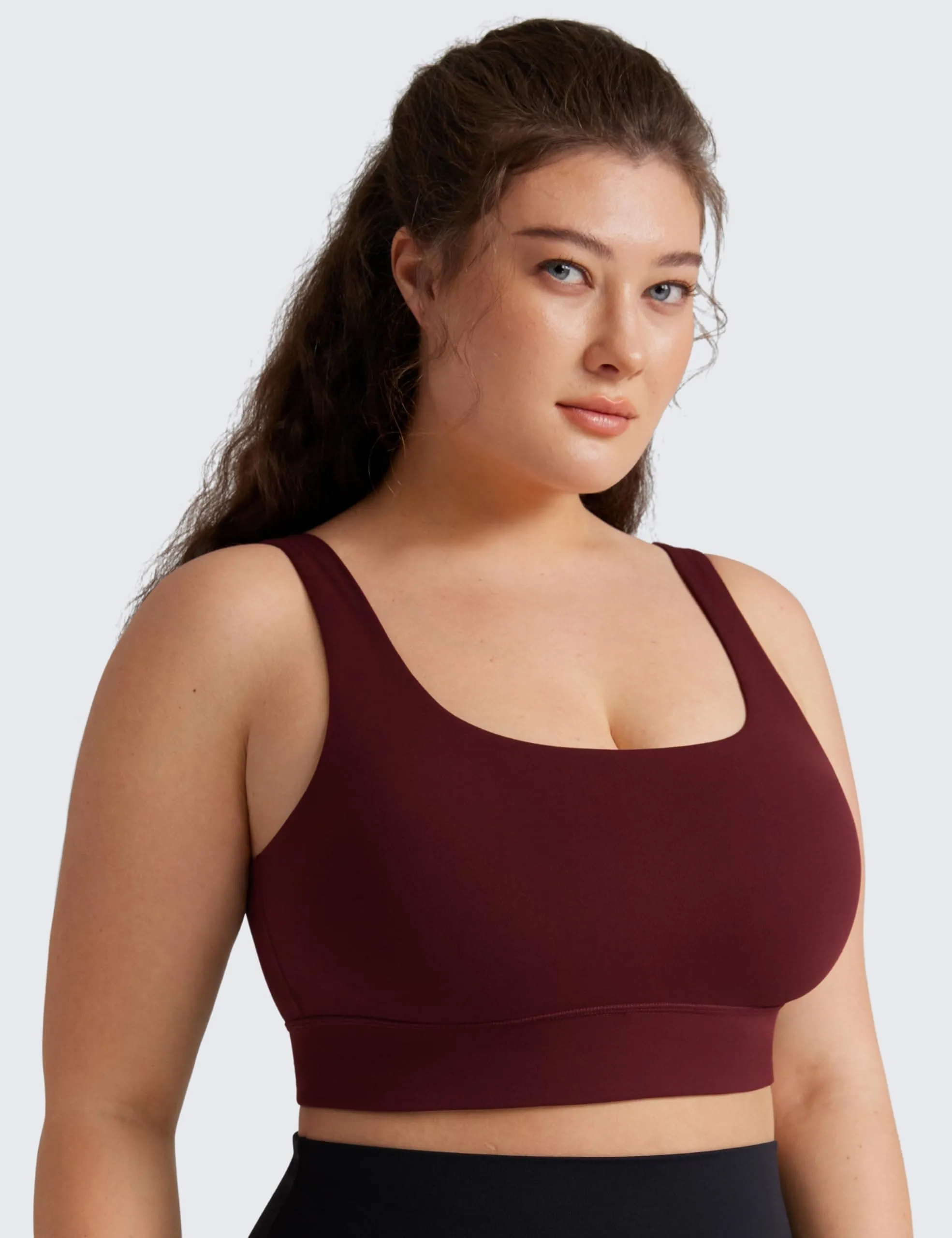 CRZ YOGA Butterluxe Womens U Back Sports Bra - Scoop Neck Padded Low Impact Yoga Clothes Workout Crop Top with Built in Pads Red Merlot