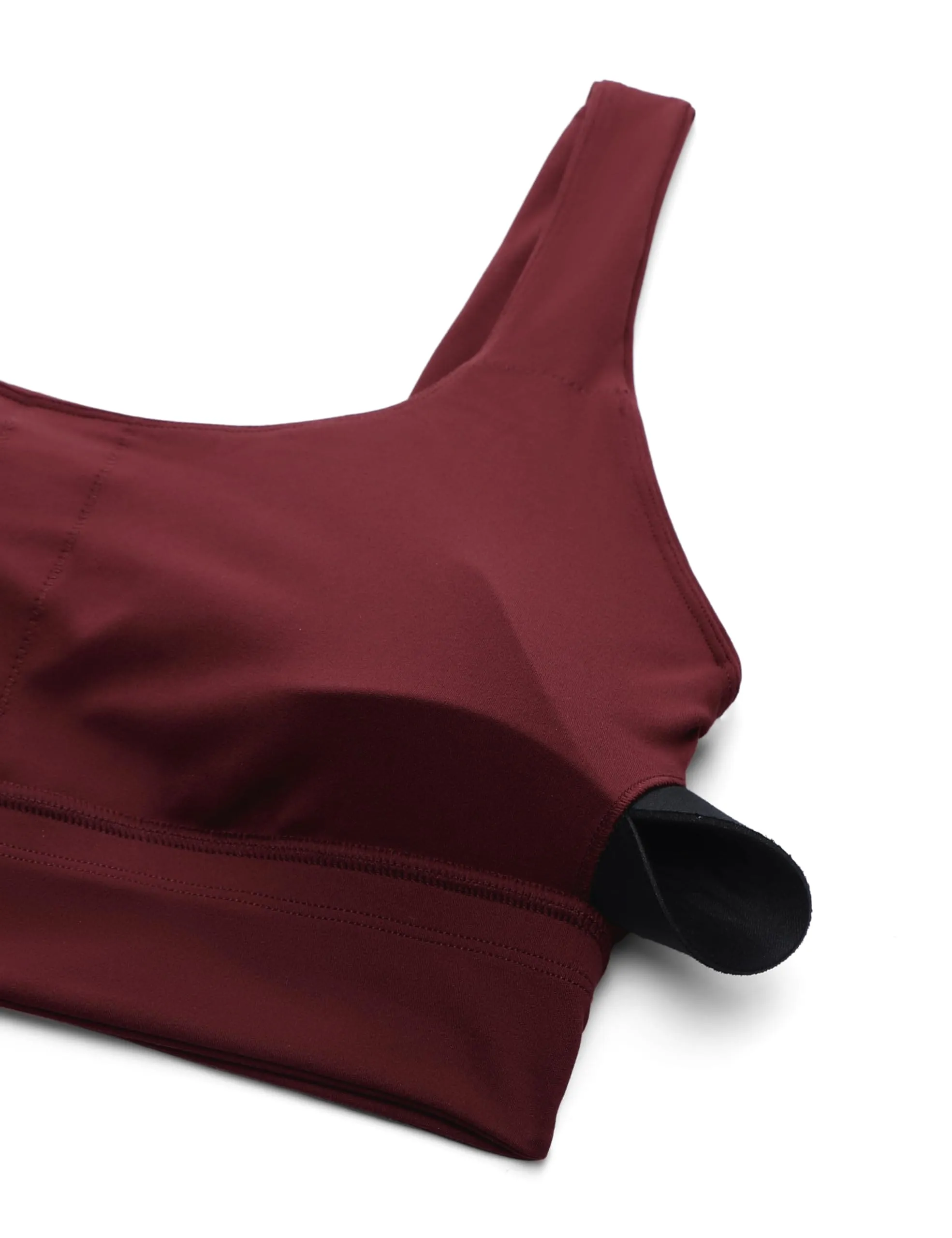 CRZ YOGA Butterluxe Womens U Back Sports Bra - Scoop Neck Padded Low Impact Yoga Clothes Workout Crop Top with Built in Pads Red Merlot