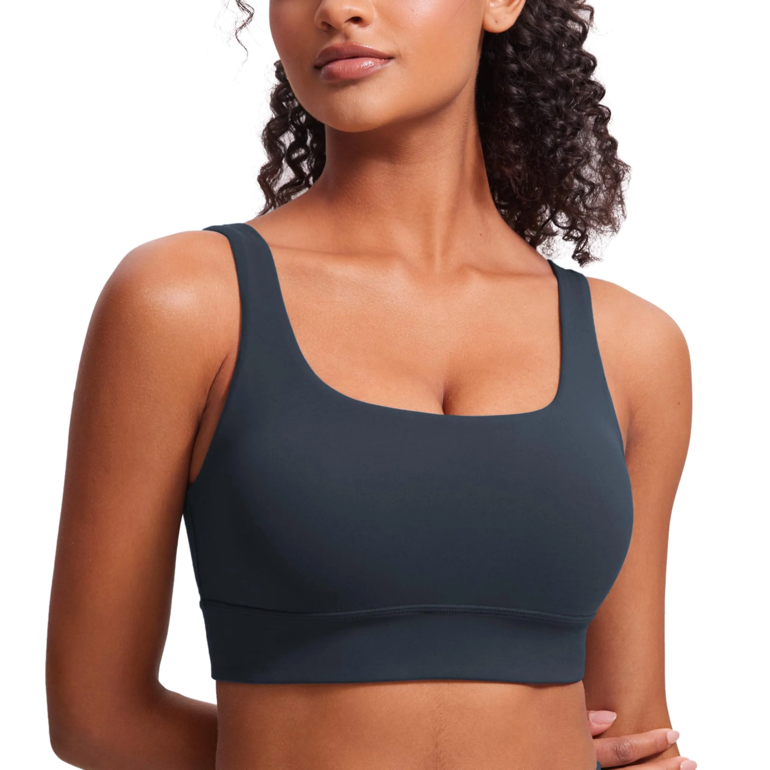 CRZ YOGA Butterluxe Womens U Back Sports Bra - Scoop Neck Padded Low Impact Yoga Clothes Workout Crop Top with Built in Pads True Navy