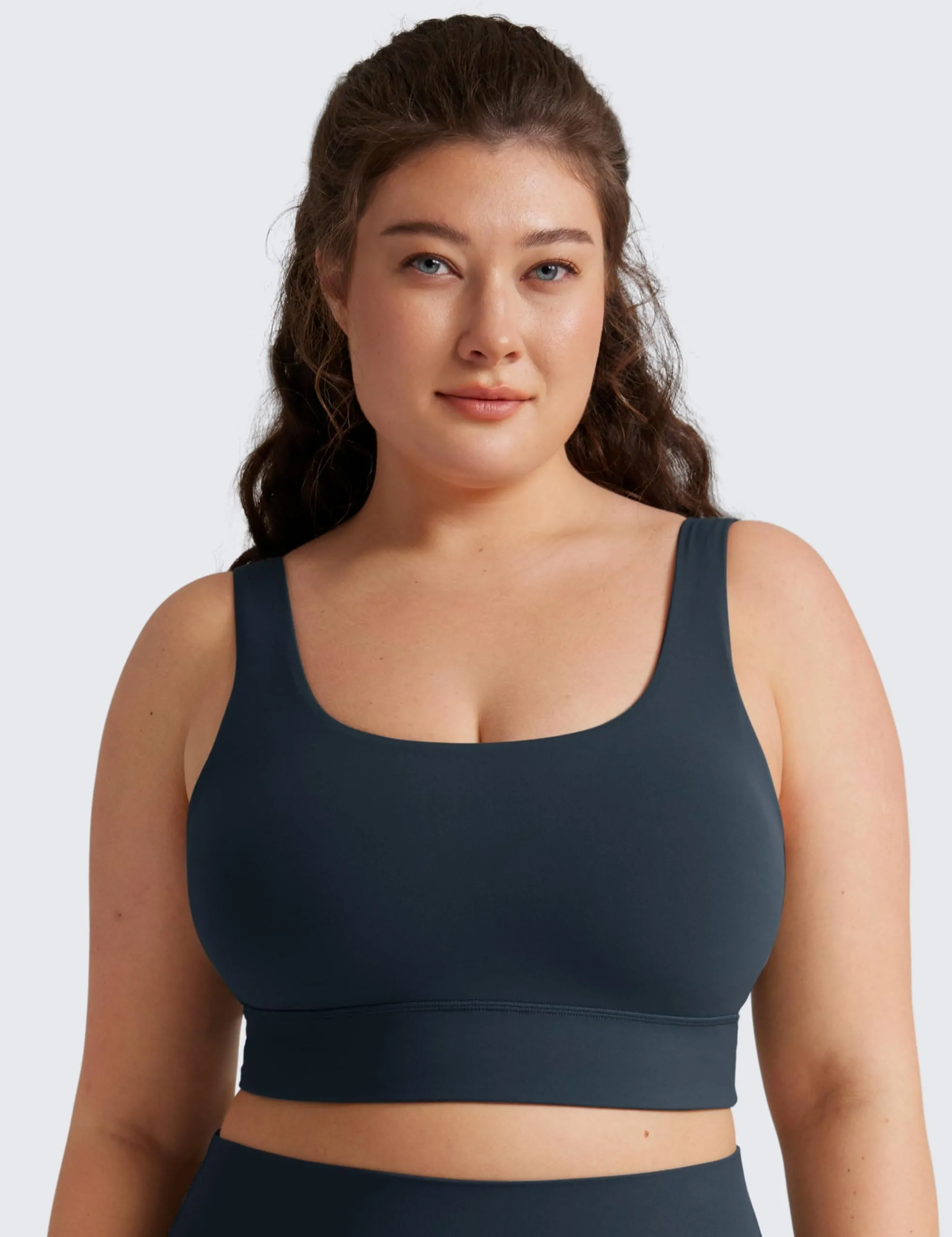 CRZ YOGA Butterluxe Womens U Back Sports Bra - Scoop Neck Padded Low Impact Yoga Clothes Workout Crop Top with Built in Pads True Navy
