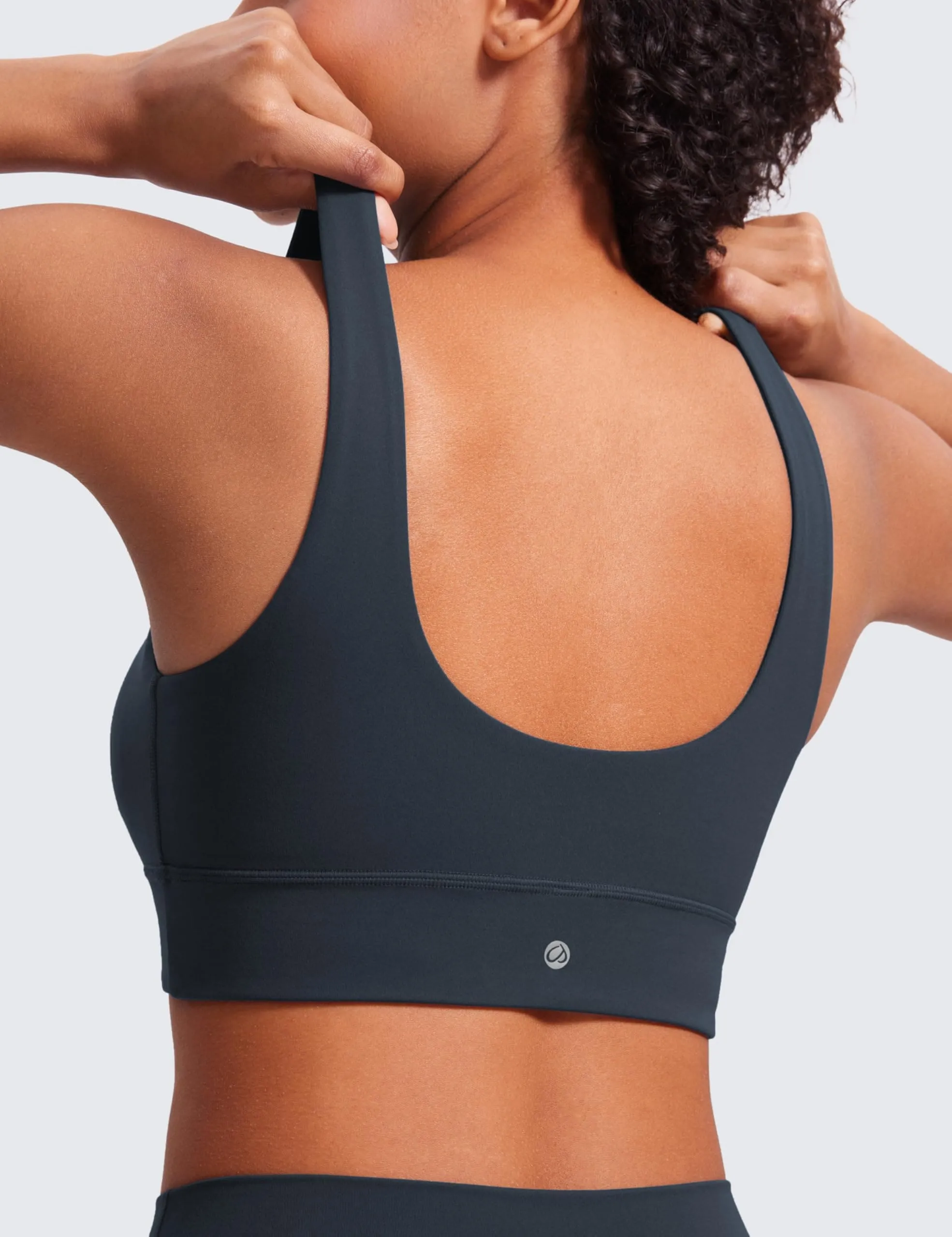 CRZ YOGA Butterluxe Womens U Back Sports Bra - Scoop Neck Padded Low Impact Yoga Clothes Workout Crop Top with Built in Pads True Navy