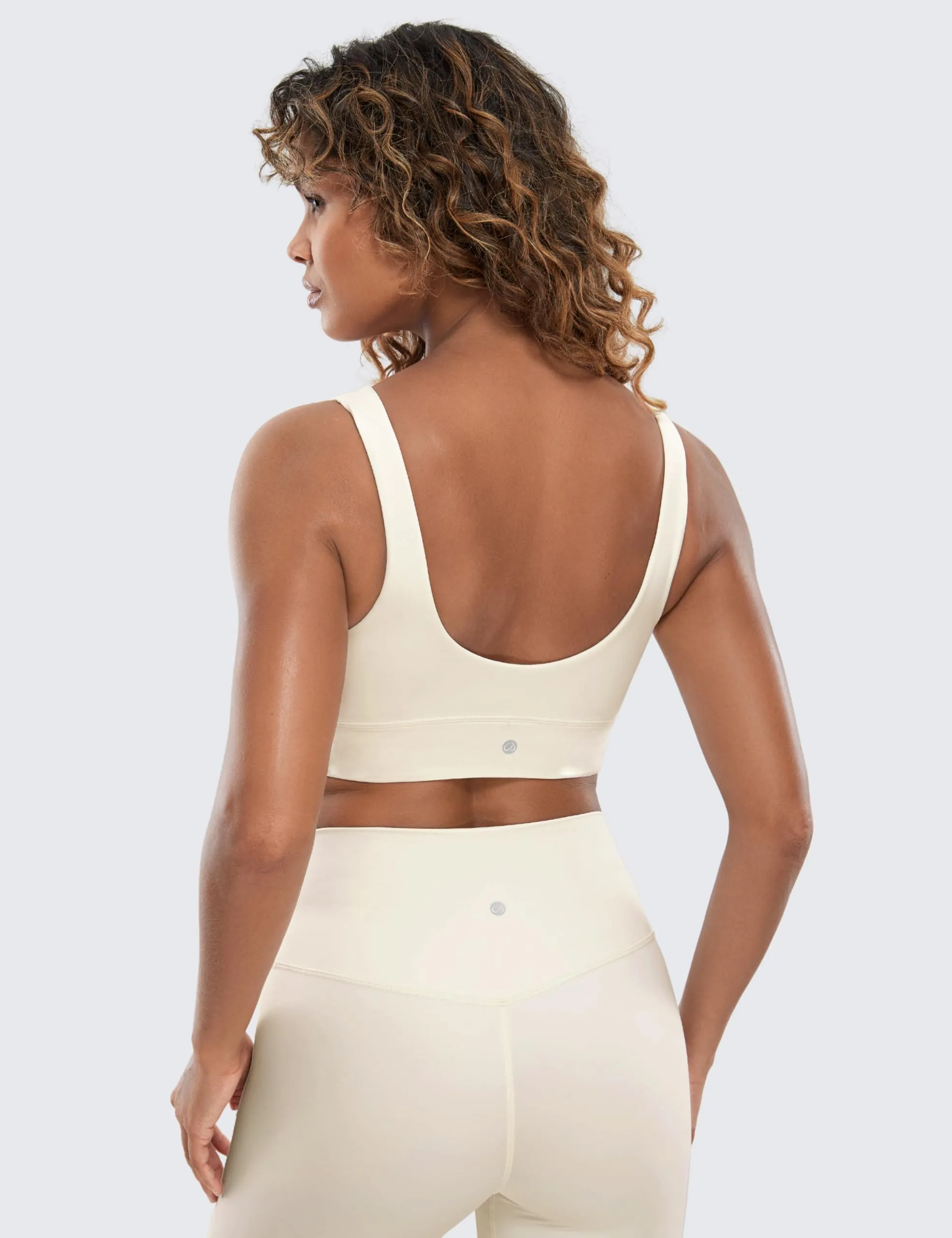 CRZ YOGA Butterluxe Womens U Back Sports Bra - Scoop Neck Padded Low Impact Yoga Clothes Workout Crop Top with Built in Pads White Apricot