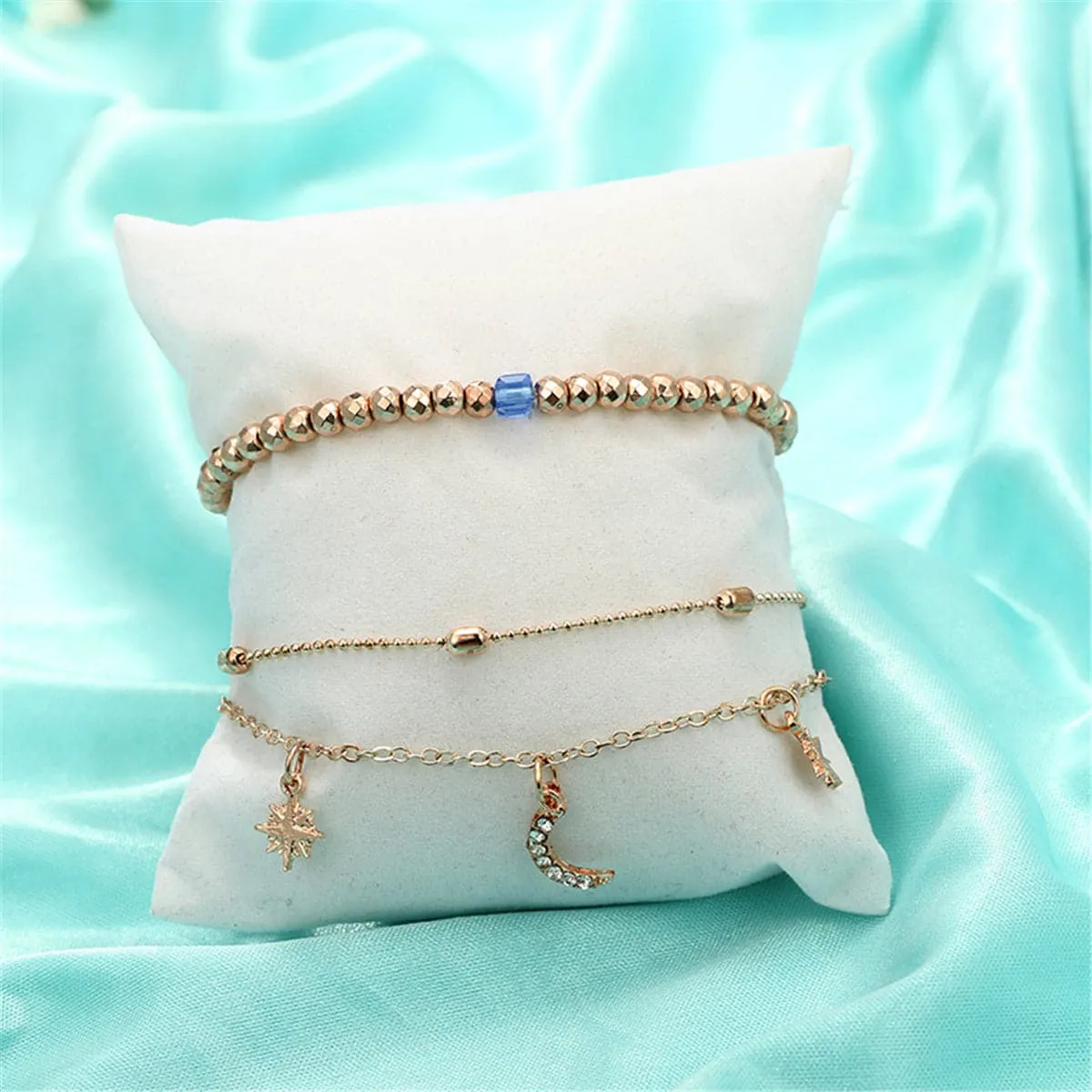 Cubic Zirconia & 18K Gold-Plated Celestial Layered Anklet