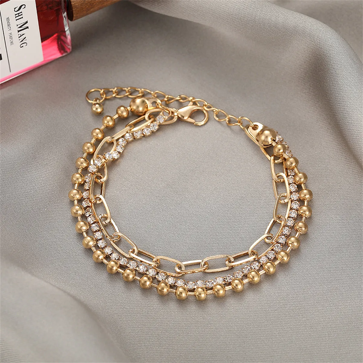 Cubic Zirconia & 18K Gold-Plated Layered Ball Chain Anklet