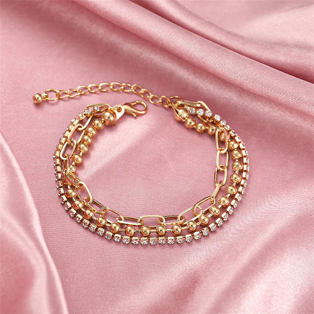 Cubic Zirconia & 18K Gold-Plated Layered Ball Chain Anklet