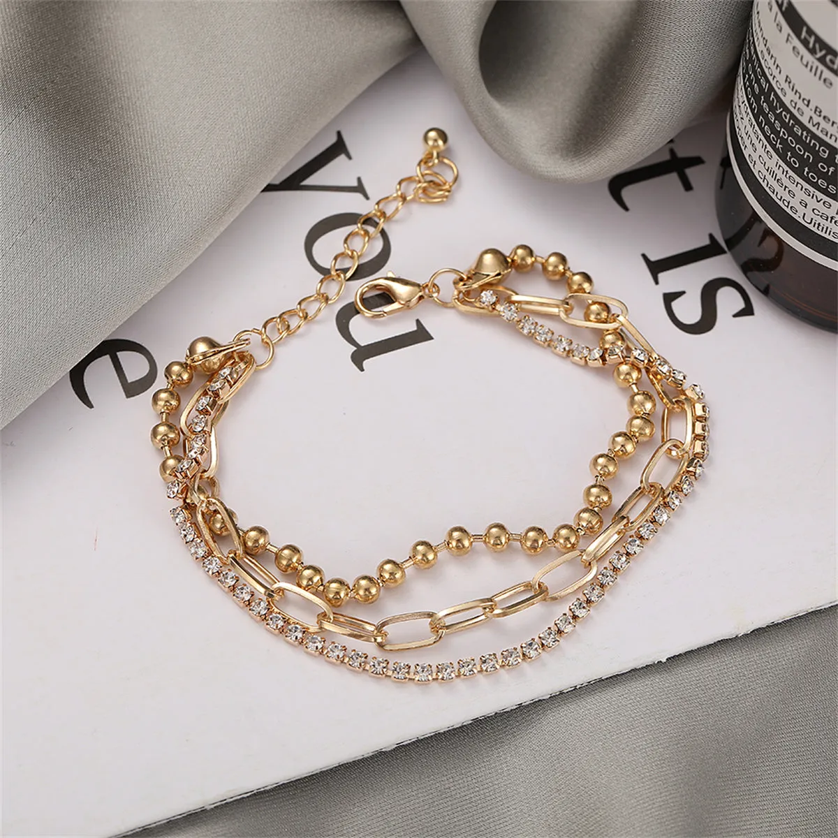 Cubic Zirconia & 18K Gold-Plated Layered Ball Chain Anklet