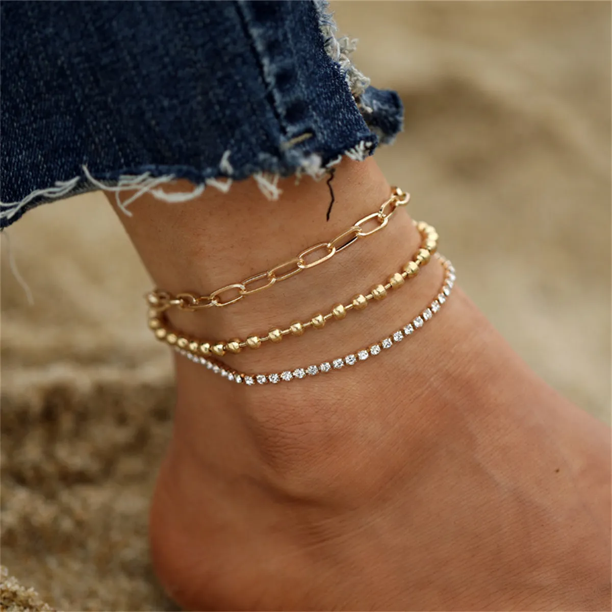 Cubic Zirconia & 18K Gold-Plated Layered Ball Chain Anklet
