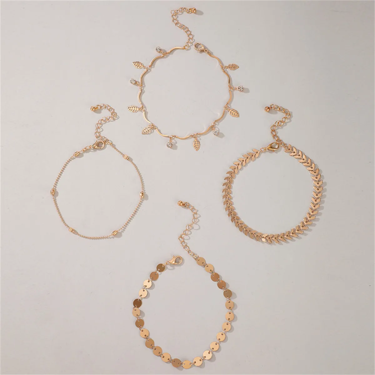 Cubic Zirconia & 18K Gold-Plated Leaves Station Anklet Set