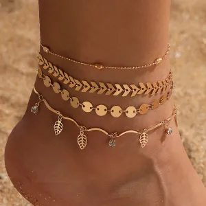 Cubic Zirconia & 18K Gold-Plated Leaves Station Anklet Set