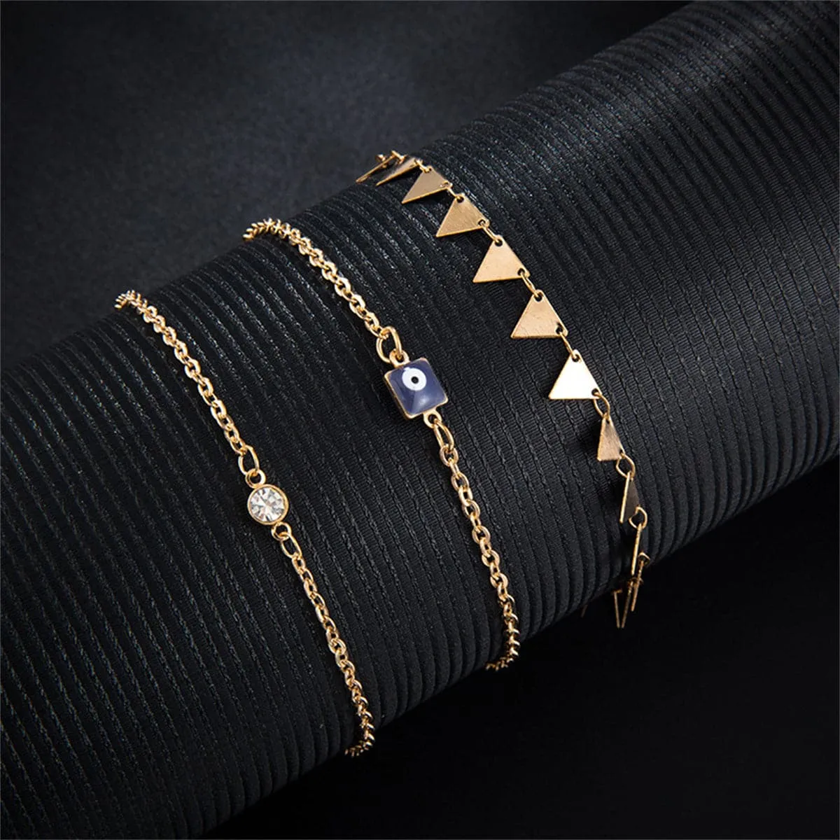 Cubic Zirconia & 18K Gold-Plated Triangle Station Anklet Set