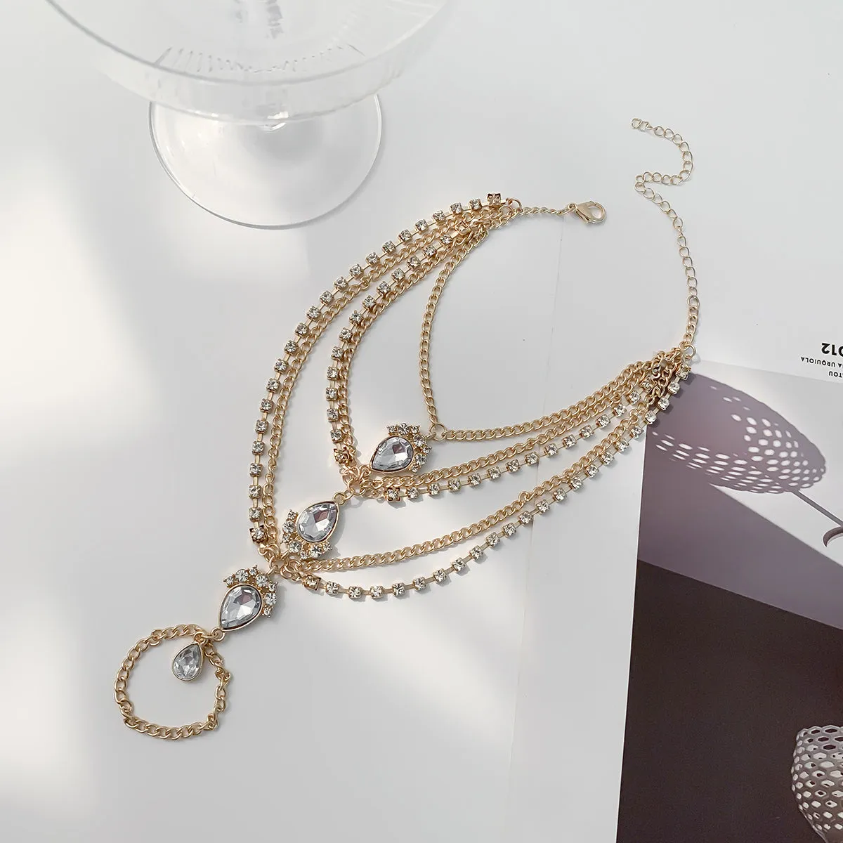 Cubic Zirconia & Crystal 18K Gold-Plated Layered Toe Ring Anklet