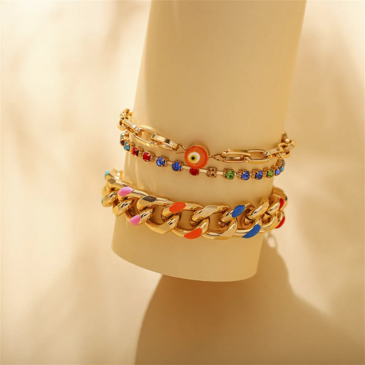 Cubic Zirconia & Enamel 18K Gold-Plated Evil Eye Anklet Set
