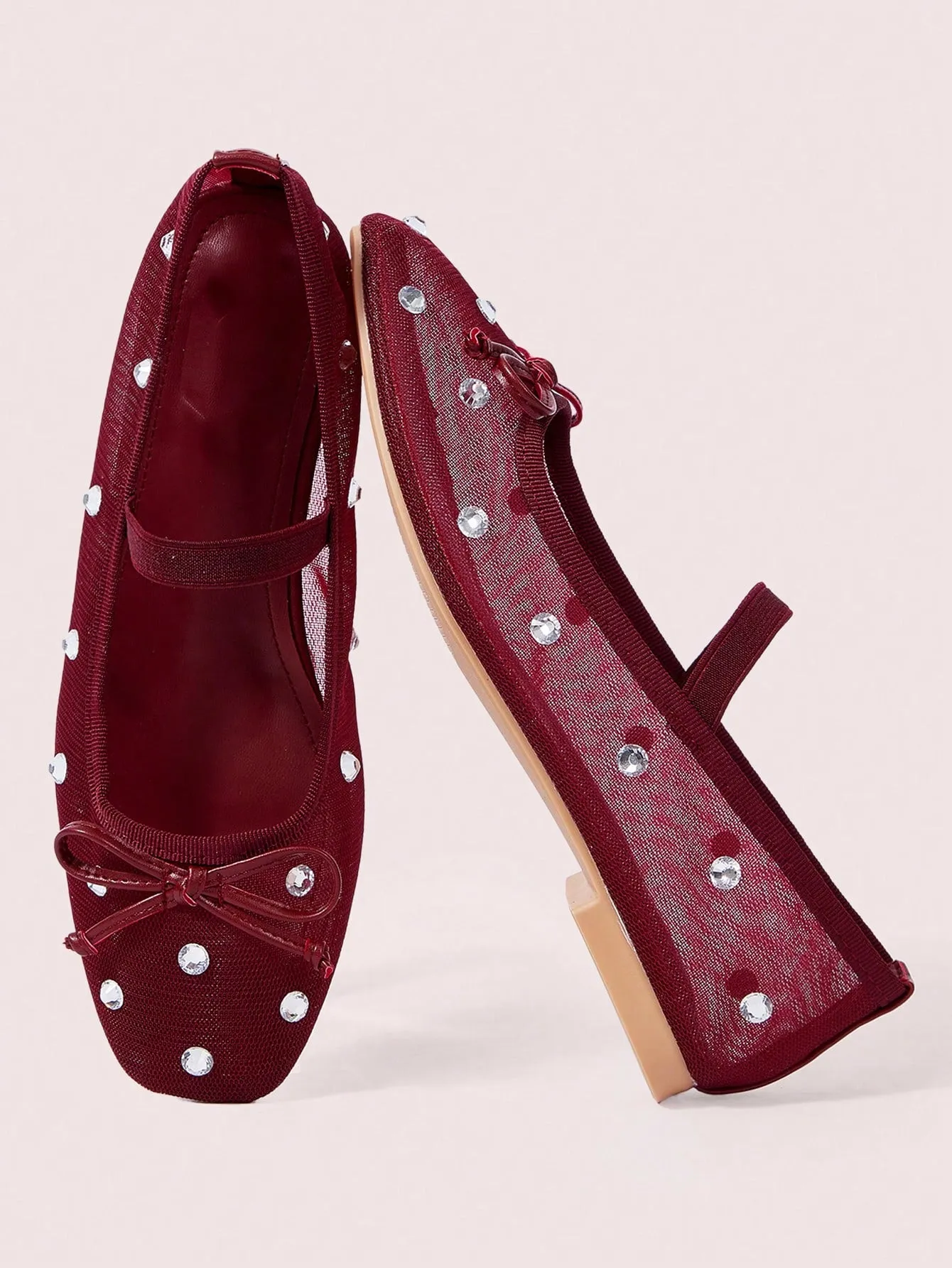 CUCCOO DOLLMOD Burgundy Mesh Rhinestone Bow Ballerina Flats Halloween Christmas Fall