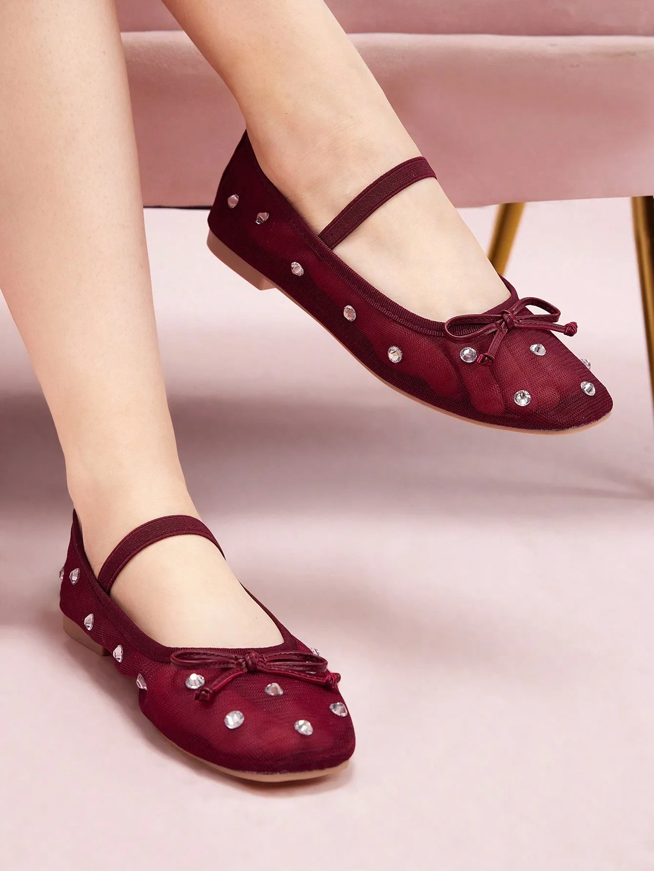 CUCCOO DOLLMOD Burgundy Mesh Rhinestone Bow Ballerina Flats Halloween Christmas Fall