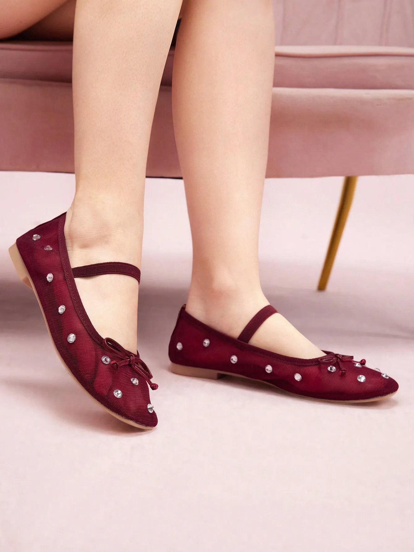 CUCCOO DOLLMOD Burgundy Mesh Rhinestone Bow Ballerina Flats Halloween Christmas Fall